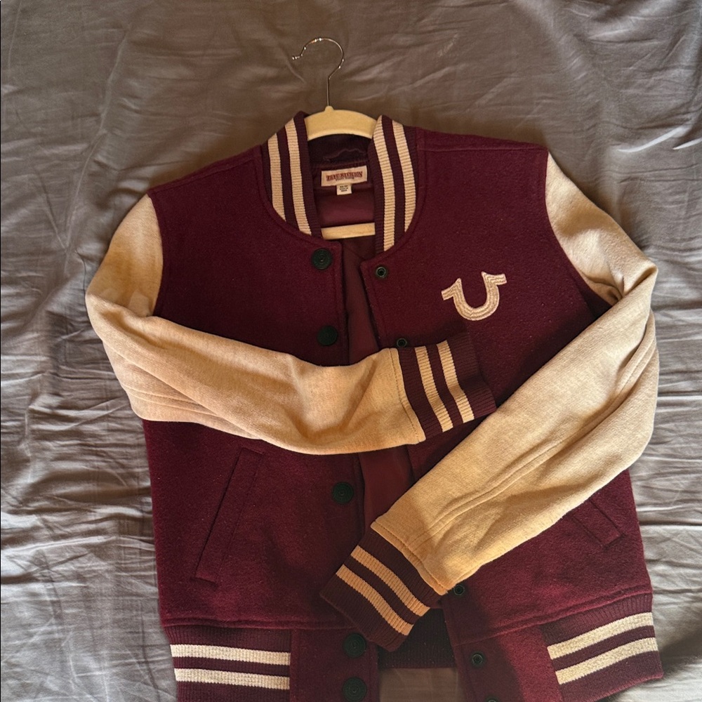 True Religion Maroon and Beige Varsity Jacket